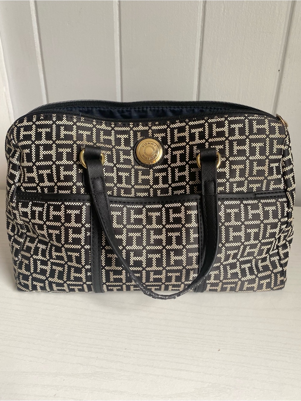 Tommy Hilfiger Black & Cream Monogram Tote with Gold Accent